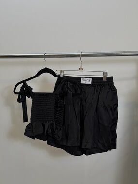 SLEEPER Black Satin Tie-Shoulder Top & Shorts Set